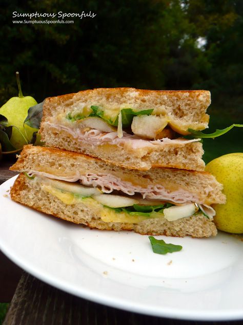 Smoky Grilled Turkey, Gouda & Pear Sandwich with Arugula ~ Sumptuous Spoonfuls #sandwich #recipe Turkey Pear Sandwich, Sandwich With Arugula, Pear Sandwich, Turkey Apple, Smoked Gouda Cheese, Franklin Bbq, Grilled Turkey, Toasted Bread, Smoked Gouda