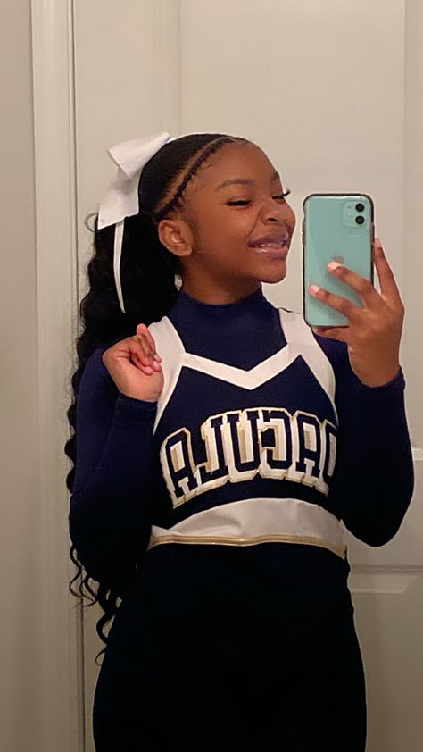 Cheer Natural Hairstyles, Majorette Hairstyles Black, Cheer Leading Hairstyles, Hairstyles For Cheerleaders Black, Cheer Hairstyles Black, Black Cheerleader Aesthetic, Cute Cheer Hairstyles With Bow, Cute Cheer Hairstyles, Cheer Photo Poses