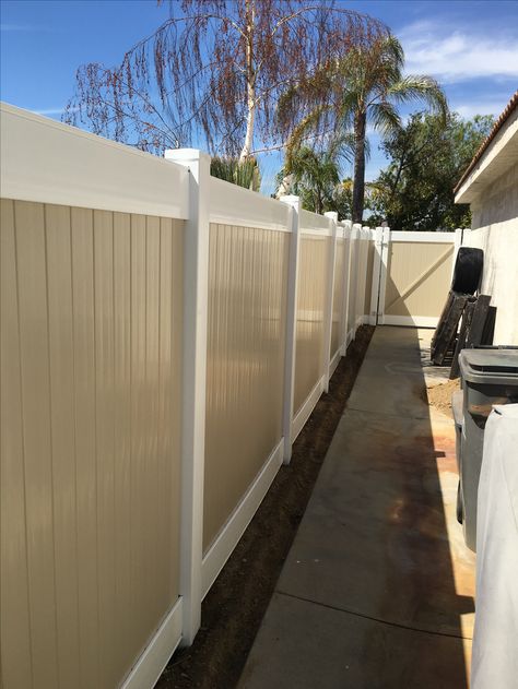 Vinyl fence Tan and white color. No maintenance. Installed by 3T Fence (951) 304-9828 Tan And White Vinyl Fence, Tan Vinyl Fence, Painted Fence, White Vinyl Fence, Vinyl Fences, Tan Paint, Wrought Iron Fence, Fence Gates, Mansion Exterior