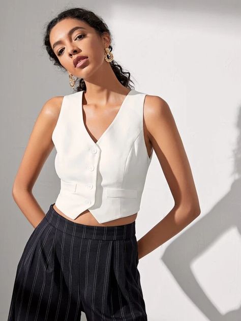 Button Front Flap Detail Tank Top | SHEIN USA Button Tank Top, Button Tank Top Outfit, Button Up Tank Top, Korean Fashion Minimal, China Street Fashion, Chic Black Outfits, Waistcoat Outfit, Tank Outfit, Woman Suit Fashion