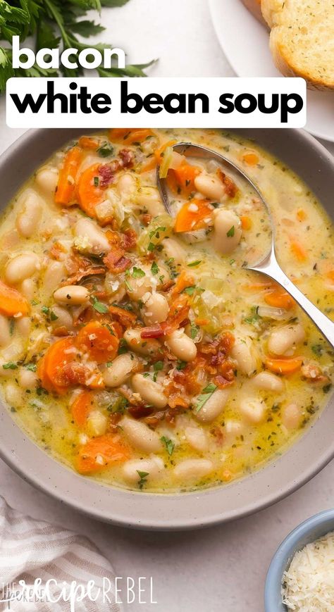 White Bean Soup with Bacon is a warm and comforting dish that is loaded with vegetables and creamy white beans with the smoky flavor of bacon! It's easy to make and freezer friendly. #soup #recipe #dinner | dinner ideas | dinner recipe | easy soup | healthy soup | comfort food | healthy dinner Potato White Bean Soup, Bean Soup With Bacon, Creamy White Beans, Comfort Food Healthy, Soup Comfort, Bacon Soup Recipes, Bean And Bacon Soup, White Bean Recipes, Soup With Bacon