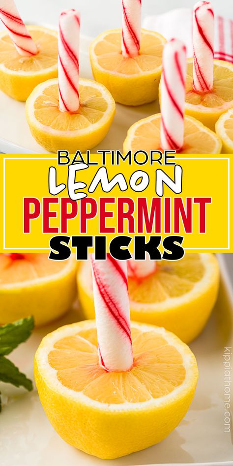 lemon halves with peppermint sticks inserted in the centers Lemon Pepper Tenderloins, Lemon With Peppermint Stick, Lemon Christmas Cookies Recipes, Baltimore Lemon Stick, Lemon Pepper Salmon Sticks, Lemon Peppermint Stick, Lemon Muffin Recipes, Super Easy Desserts, Peppermint Sticks