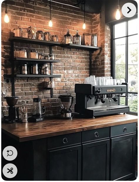 Coffee Bar Rustic Farmhouse, Coffee Bar Station Small Spaces Kitchen, Design Bar Coffee Shop, Industrial Coffee Bar, Coffee Bar Design, Industrial Coffee, Coffee Bar Ideas, Home Coffee Bar, Bar Designs