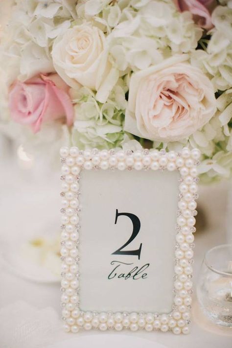 pearl frames for table numbers Pearl Bridal Shower, Table Numbers Wedding Diy, Wedding Table Themes, Pearl Anniversary, Wedding Table Numbers Printable, Pearl Party, Printable Table Numbers, Wedding Table Centerpieces, Wedding Event Planning