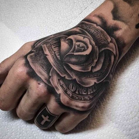 Money Rose Tattoo On Hand, Hand Rose Tattoo Men, Money Rose Hand Tattoo, Best Rose Tattoo, Rose Tattoo Placement, Money Rose Tattoo, A Rose Tattoo, Dollar Tattoo, Tattoo Guide