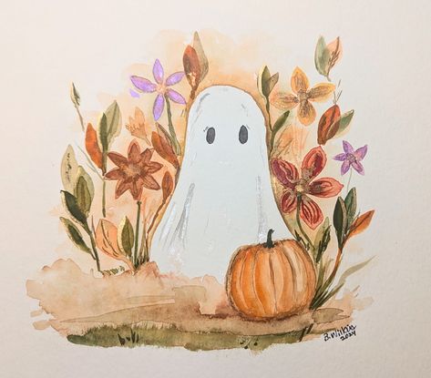 🎃🍁 Spooky Season Lovers... This one's for you 👻 BOO! A friendly little Ghost in the flower patch. 🎃🍁🍂 #watercolors #art #spookyseason #boo #Halloween #autumnvibes🍁 #ghost Cute Ghost Watercolor, Ghost Painting Ideas Easy Simple, Watercolor Pencil Art Ideas Easy, Easy Fall Sketches, Halloween Painting Watercolor, Fall Art Watercolor, Simple Fall Paintings On Canvas, Easy Halloween Watercolor, Simple Water Coloring Ideas