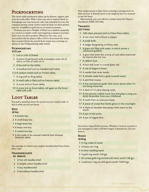 The Grinning Wyrm D&D — dnd-atlas: Table: Pickpocketing [In my current... D&d Buildings, Dnd Pickpocket, Dnd Weather Table, Random Tables Dnd, D&d Loot, Loot Table Dnd, Dnd Roll Table, Dnd Loot Tables, D&d Tips