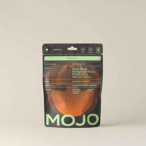 A focus enhancer that actually works! The team at Mojo knows a thing or two about mushrooms, and think they might hold the secret to a whole lot of challenges we face today. Their research team supercharged a blend of functional mushrooms, herbs, and roots to boost cognition, reduce brain fog, and improve productivity. All the magic of a mushroom dose, without any of the worry. Mojo Strawberry & Tangerine has the pop of a sun-kissed strawberry with the zesty tang of tangerine. It’s the perfect w Functional Mushrooms, Energy Gummies, Focus Energy, Luxury Packaging Design, Business Paper, Cool Packaging, Pouch Packaging, Branding Design Packaging, Boost Your Mood