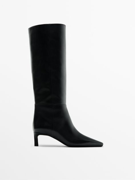 32 Leather Knee-High Boots to Buy This Year | Who What Wear Massimo Dutti Shoes, Black Heels Low, Elegant Boots, Spring Work Outfits, Low Heel Boots, Shoe Wishlist, Black Knee High Boots, Trending Boots, Black Heel Boots