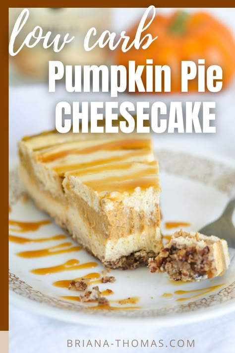 I've never been a big fan of pumpkin mixed into cheesecake, but I LOVE pumpkin pie. Why not make them separate, but together? Add my favorite "brown sugar" pecan crust and you have a dessert fit for Thanksgiving Day! This Pumpkin Pie Cheesecake is low carb, sugar free, gluten free, and a THM S for Trim Healthy Mamas. Keto Pumpkin Cheesecake, Keto Cheesecakes, Low Carb Pumpkin Cheesecake, Dessert Thanksgiving, Keto Pumpkin Pie, Easy Fall Recipes, Keto Thanksgiving, Healthy Fall Recipes, Pumpkin Pie Cheesecake