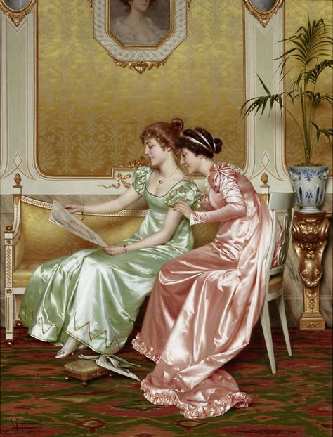 Vittorio Reggianini (Italian, 1858-1939) Two elegant young l Vittorio Reggianini, Victorian Paintings, Rennaissance Art, Academic Art, Italian Painters, Elegant Lady, Classic Paintings, Poses References, Victorian Art