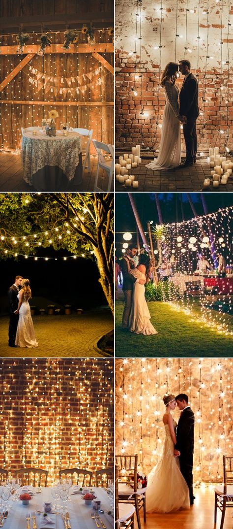 Stunning String Lights Wedding Backdrop Ideas Dangling Lights Wedding, Lights Backdrop, Wall Of Lights Backdrop, Backyard Night Wedding, Proposal Backdrop Ideas, Backyard Proposal Ideas, Gay Wedding Ideas Decor, String Lights Wedding Reception, Wedding Backdrop Lights