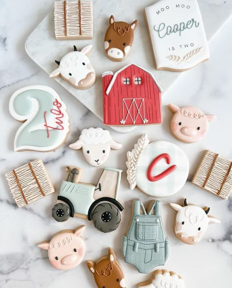 Farm Birthday Charcuterie, Pastel Farm Animal Birthday Party, Farm Cookies 2nd Birthday, Farm Baby Shower Cookies, Oink Baa Moo Im Two Party Decorations, Farm Cookies Decorated, Farm Animals Cookies, Farm Sugar Cookies, Second Birthday Cookies