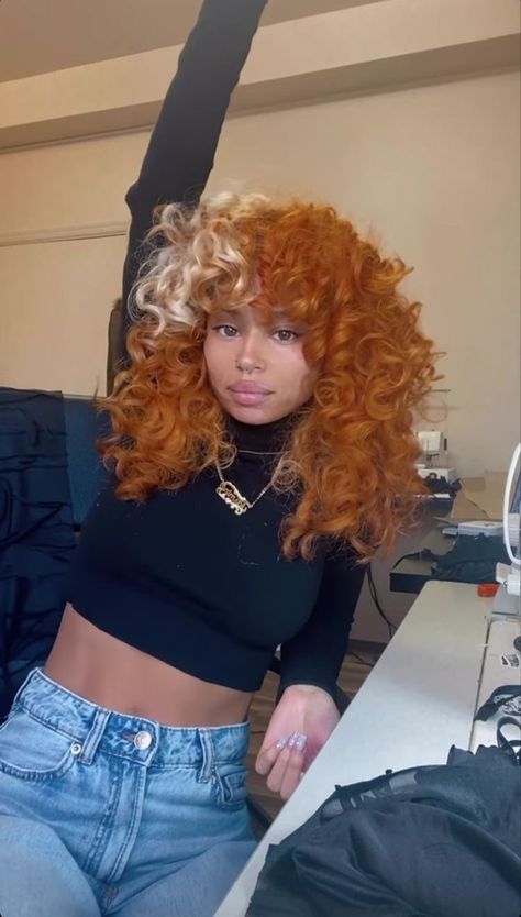 Aesthetic Dyed Curly Hair, South African Face Claims, Ginger And White Hair Black Women, Ginger N Pink Hair, Patch Of Hair Dyed, Ginger Hair Black Women Curly Hair, Dyed Hair On Black Girls, Copper Hair With Blonde Money Piece Curly Hair, Best Colors For Curly Hair