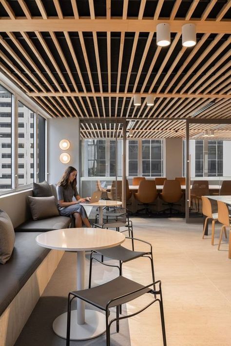 Wooden Slat Ceiling, Home Archway, Slat Ceiling, Coffee Shop Concept, Staff Lounge, Work Cafe, Office Ceiling, Timber Slats, Timber Ceiling