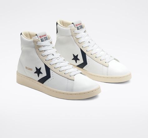 Converse Pro Leather in White/Navy - EUKICKS Pro Leather Converse, Shoes 80s, Converse Pro Leather, Shoe Converse, Leather Converse, High Top Shoe, Fashionable Snow Boots, Dr J, Custom Boots