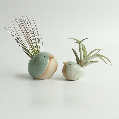 Large and small green birds with air plant 'feather' tails Pottery Air Plant Hanger, Air Dry Clay Garden Ideas, Diy Clay Pots For Plants, Clay Air Plant Holder, Clay Handbuilding Ideas, Ceramics Bird, Nature Ceramics, Plant Planters, Bird Ceramic