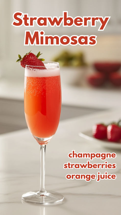 Strawberry Mimosas Recipe Breakfast Alcoholic Drinks, Strawberry Mimosas, Mimosas Recipe, Strawberry Garnish, Strawberry Mimosa, Morning Cocktail, Christmas Strawberry, Champagne Recipes Cocktails, Breakfast Cocktails