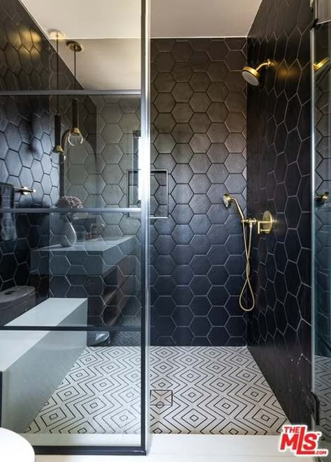 Black Gold Tile Bathroom, Bathroom Decor Ideas Simple Master Bath, Black Hexagon Shower Wall, Dark Shower Bathroom Ideas, Black Hexagon Tile Bathroom Wall, Main Bathroom Shower Ideas, Black Tile Wet Room, Black Accent Shower Wall, Black Herringbone Shower Tile