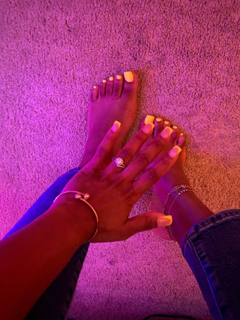 Yellow Overlay Nails, Highlight Yellow Nails, Yellow Nails And Toes, Yellow French Tip Toes, Short Yellow Acrylic Nails, Yellow French Tip Acrylic Nails, Yellow Birthday Nails, Acrylic Nails And Toes Matching, Short Nails Yellow