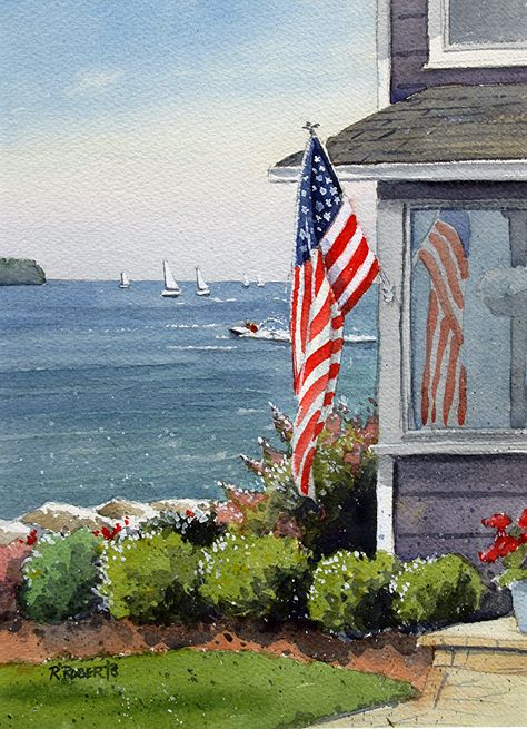 All-American Summer Day by Robin Roberts Fine Art, Watercolor, 12 x 9 4th Of July Watercolor, Flag On Front Porch, Fourth Of July Painting, Summertime Illustration, Patriotic Paintings, Gallery Wall Themes, Patriotic Art Ideas, Usa Watercolor, New England Art