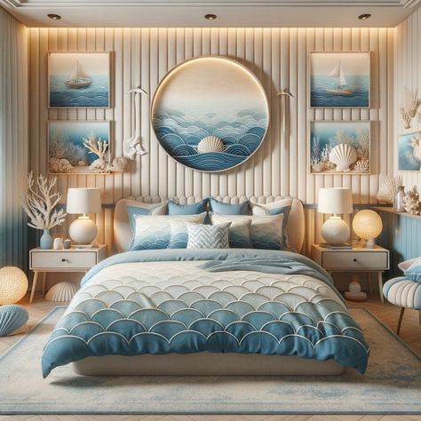 Diving Into Ocean Core Room Designs That’ll Make Waves Diving Into Ocean, Whimsical Bathroom Ideas, Sea Bedroom Ideas, Ocean Themed Rooms, Whimsical Bathroom, Ocean Room, Girl Apartment, Seaside House, Blue Bedroom Decor