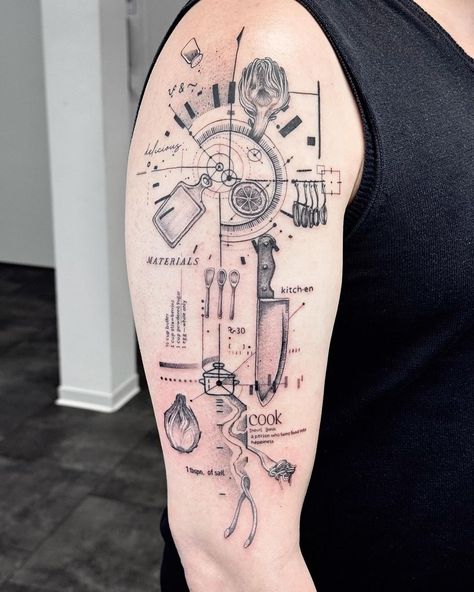 Tattoo For Chef For Men, Chef Tattoos Ideas, Tattoos For Chefs Ideas, Tattoos For Chefs, Kitchen Tattoo Ideas Chef, Chef Tattoo Ideas For Men, Culinary Tattoos, Tattoo Cafe, Chef Tattoo