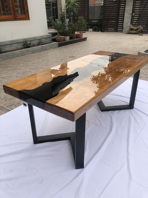 Restaurant Table Design, Metal And Wood Bench, Steel Furniture Design, Wood Resin Table, Epoxy Wood Table, Welded Furniture, Wood Table Design, Dinning Room Design, Furniture Details Design