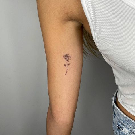 Fine Line Tattoo Placement Arm, Rose Tattoo On Inner Arm, Rose Tattoo Inside Arm, Bicep Tattoo Flower, Rose Tattoo Inner Bicep, Inner Arm Fine Line Tattoo, Rose Bicep Tattoo, Rose Tattoo Bicep, Flower Inner Arm Tattoo