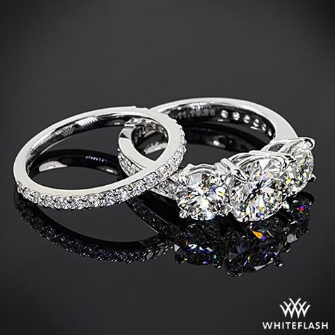 Featured here is a BREATHTAKING custom 3 stone pave Engagement Ring and a custom pave set Diamond Wedding Ring in Platinum by Whiteflash.com Dream Rings, Diamond Wedding Sets, Pave Engagement Ring, Ring Styles, Wedding Engagement Rings, Diamond Wedding Ring, Bling Rings, Wedding Set, Dream Ring