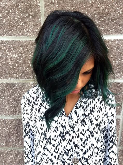 TRANSFORMATION: Pretty and Fun Dimension With Peacock Green | Modern Salon Emerald Green Hair, Emerald Hair, Dark Green Hair, Black Hair With Highlights, Green Highlights, Hair Color Blue, Grunge Hair, Green Hair, Ombre Hair