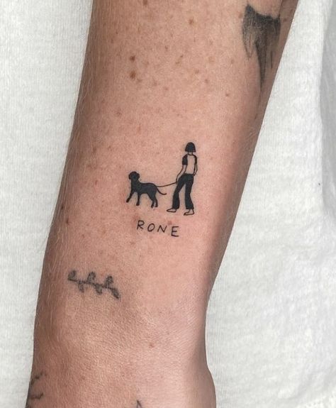 Man Dog Tattoo, Dare To Tattoo, Dog Curled Up Tattoo, Dog Stamp Tattoo, Cool Dog Tattoos, Black Lab Tattoos Simple, Walking Dog Tattoo, Small Tattoo Dog, Chocolate Lab Tattoo