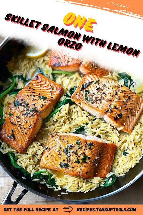 Discover the ease of making a delicious One Skillet Salmon with Lemon Orzo! This simple yet flavorful recipe combines tender salmon fillets with zesty lemon-infused orzo, all cooked in one pan for minimal cleanup. Perfect for busy weeknights or impressing guests, this dish is rich in nutrients and bursting with Mediterranean flavors. Elevate your dinner routine with this quick, healthy, and mouthwatering meal that showcases the beauty of fresh ingredients. Pin it now for a rewarding and satisfying culinary experience Salmon With Artichoke Orzo, One Pan Lemon Orzo And Salmon, Mediterranean Salmon Recipes, Salmon And Orzo, Salmon Orzo, Creamy Orzo Pasta, Parmesan Salmon, Creamy Orzo, Mediterranean Salmon