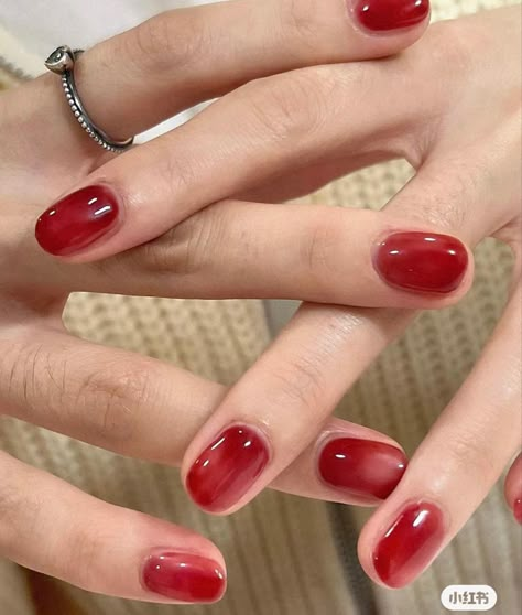 Jelly Nails Red Korean, Cherry Nails Korean, Red Jelly Gel Nails, Jelly Red Nails Design, Red Milky Nails, Deep Red Jelly Nails, Red Jelly Nails Short, Cherry Red Jelly Nails, Jelly Nails How To