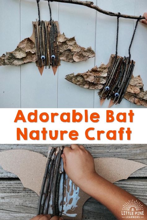 Adorable Bat Nature Craft ��• Little Pine Learners Halloween Nature Crafts, Fall Nature Crafts, Simple Fall Crafts, Bat Crafts, Nature Crafts For Kids, Nature Kindergarten, Bat Craft, Forest School Activities, Nature Craft