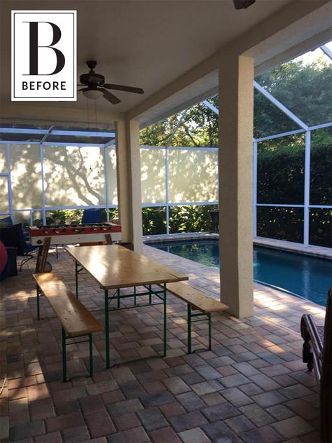 Before & After: A Drab Lanai Gets a Colorful Update — Professional Project Lanai Decorating, Cleaning Concrete Floors, Yellow Accent Chairs, Outdoor Makeover, Patio Remodel, Bright Furniture, Grey Patio, Ikea Finds, Outdoor Projector