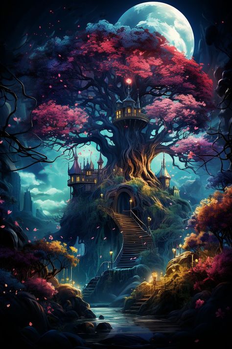 Fantasy Background Magic Scenery, Big Tree Drawing, Fantasy Landscape Art, Fantasy Artwork Landscape, Magical Illustration, Forest Enchanted, Ethereal Forest, Mystical Nature, Background Fantasy