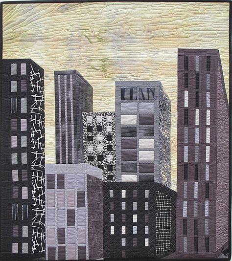 Collage Art Cityscape, Fabric Landscapes Textile Artists, Skyline Quilt, City Quilt, House Quilt Block, Textiles Sketchbook, Earth View, Fools And Horses, Black And White Quilts