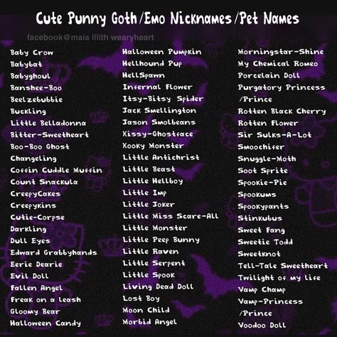 Goth Types Chart, Goth Last Names, Goth Nicknames, Goth Usernames Ideas, Goth Username Ideas, Goth Names, Nicknames For Girlfriends, Nicknames For Boyfriends, Vampire Stuff