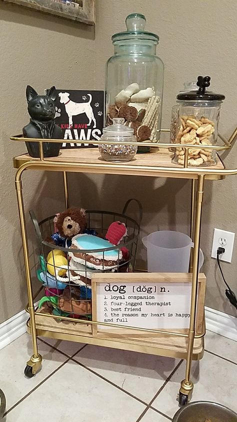 Instead of a Bar Cart why not make its a Dog Treat Cart Dog Treats Storage Ideas, Dog Corner Ideas Small Spaces Bedroom, Dog Walk Station, Dog Treats Storage, Dog Cart Organization, Dog Treat Organization, Dog Treats Organization, Dog Nook Ideas Apartment, Puppy Organization Ideas