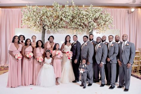 Pink And Gray Bridesmaid Dresses, Pink And Gray Wedding Party, Grey And Pink Wedding Suit, Groomsmen Attire Blush Color Schemes, Pink White And Grey Wedding Theme, Pink Bridesmaid And Groomsmen, Pink And Grey Wedding Ideas, Bridesmaids And Groomsmen Colors, Blush Pink And Grey Wedding