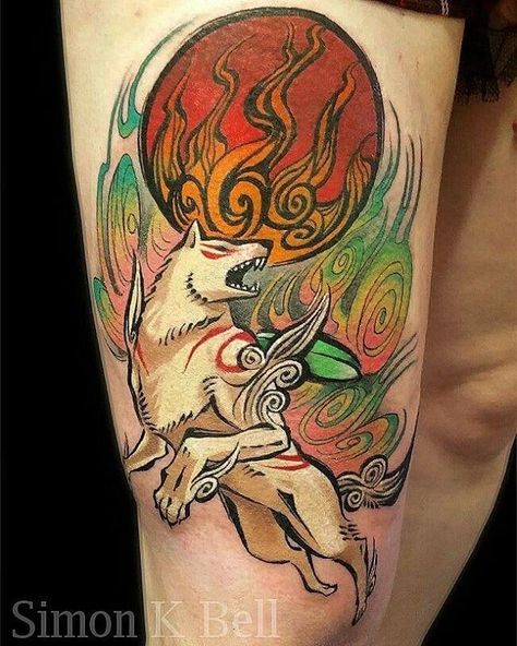 Okami tattoo done by @simonkbell. To submit your work use the tag #gamerink And… Tattoo Sleeve Stencils, Okami Tattoo, Japanese Wolf, Tattoo Art Design, House Of Pain, Video Game Tattoos, Tattoo Son, Vault Dweller, Saved Tattoo