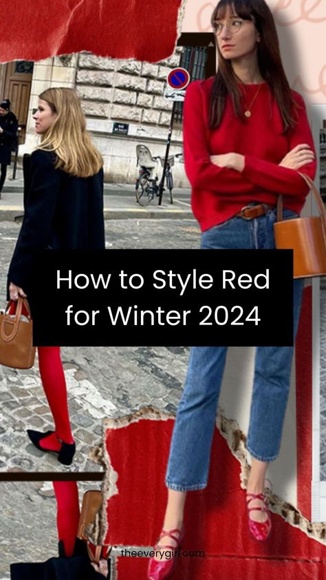 Red is the it-girl color for winter 2024 and we've rounded up the best pieces to shop now. Red Cardigan Christmas Outfit, Red Jersey Outfit Women, Red Skirt Winter Outfit, How To Look French, How To Style A Red Sweater, Red Details Outfit, Red Cardigan Outfit 2024, Sweater Rojo Outfit, Red And Burgundy Outfit