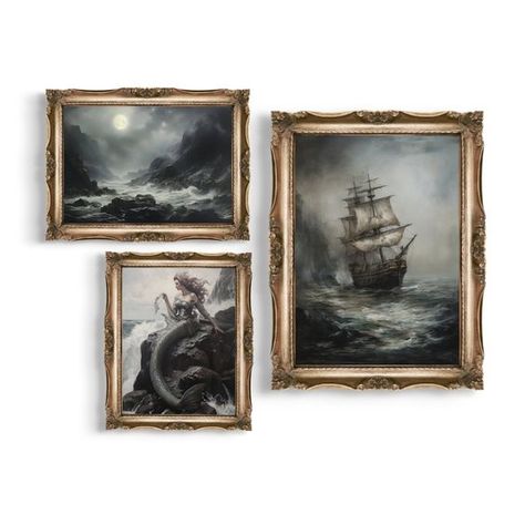 Etsy Vintage Ocean Photography, Gothic Nautical Decor, Coastal Speakeasy, Deep Ocean Decor, Moody Ocean Bathroom, Ocean Gallery Wall, Moody Beach Decor, Dark Nautical Bedroom, Moody Ocean Aesthetic