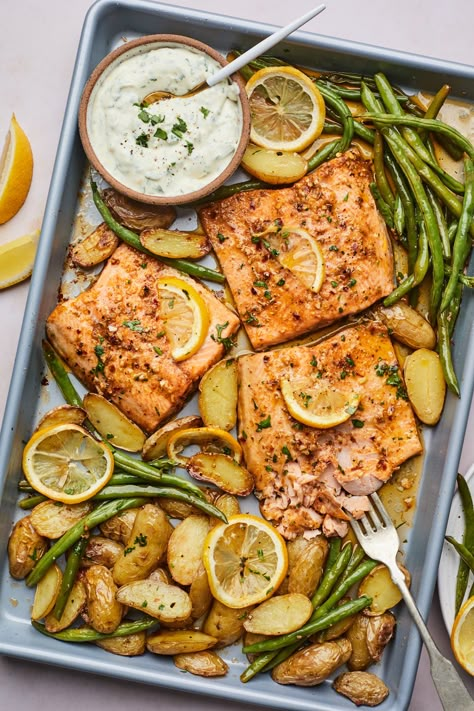 Lemon Butter Sheetpan Baked Trout | Olive & Mango Trout Dinner, Roasted Fish, Gourmet Meals, Baked Trout, Buttery Potatoes, Plats Healthy, Trout Recipes, Delicious Seafood Recipes, Health Dinner Recipes