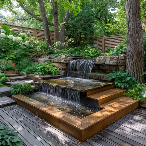 10+ Outdoor Deck Ideas to Create the Perfect Zen Retreat • 333+ Art Images Decking Water Feature, Fountain On Deck, Outdoor Fountains Landscape Garden Ideas, Zen Garden Water Feature, Pond Deck Ideas, Zen Water Features, Asian Garden Backyard, Zen Landscape Design, Zen Garden Fountain