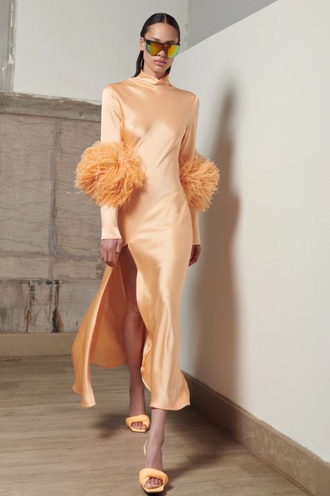 LaPointe RTW Spring 2023 [PHOTOS] – WWD Apricot Crush, Ostrich Feather, Neon Purple, Red And Teal, Feather Dress, Spring 2023, Color Of The Year, Pantone Color, Colorful Fashion