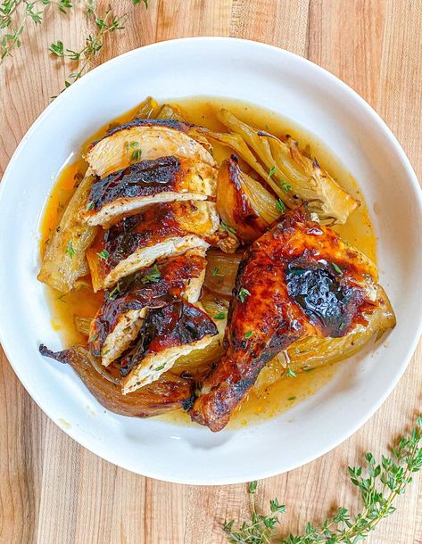 Hot Honey Butter Roast Chicken with Cider Braised Shallots and Fennel - Wishbone Kitchen Braised Shallots, Wishbone Kitchen, Hot Honey Butter, Honey Butter Chicken Biscuit, Chicken Fennel, Honey Butter Chicken, Chicken Biscuits, Beet And Goat Cheese, Tacos Al Pastor