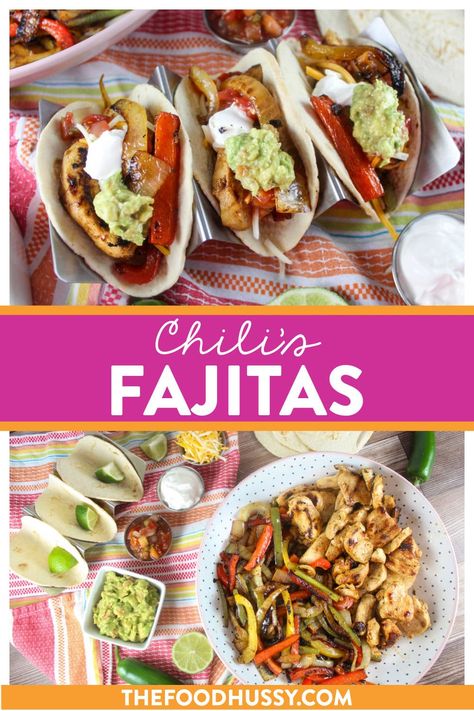 Chili's Fajitas with Chicken Chicken Peppers And Onions, Quick Guacamole, Chicken Peppers, Dessert Restaurants, Fajitas Recipe, Chili Lime Seasoning, Chicken Fajita Recipe, Grilled Chicken Thighs, Restaurant Dishes