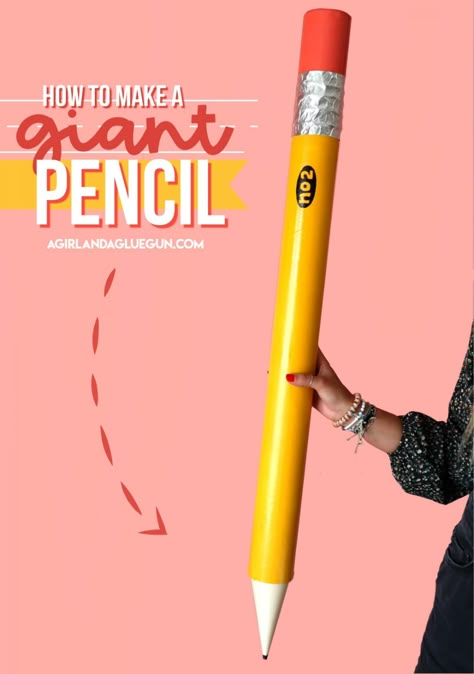 Pencil Prop Diy, Diy Giant Pencil How To Make, Giant Pencil Decoration, Diy Giant Pencil Prop, Diy Pencil Costume, How To Make A Giant Pencil, Pencil Diy Craft, Stem Lab Decorations, Diy Pencil Decoration Ideas